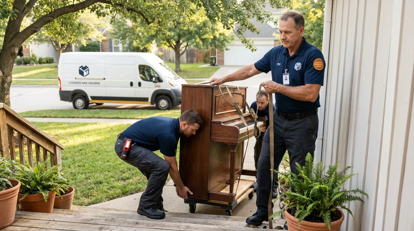 Licensed piano movers securing grand piano in Memphis, TX
